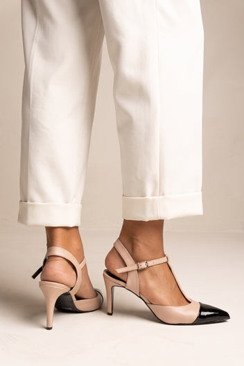 Stiletto Pumps T-Strap Pointed Toe - Nude Black Patent
