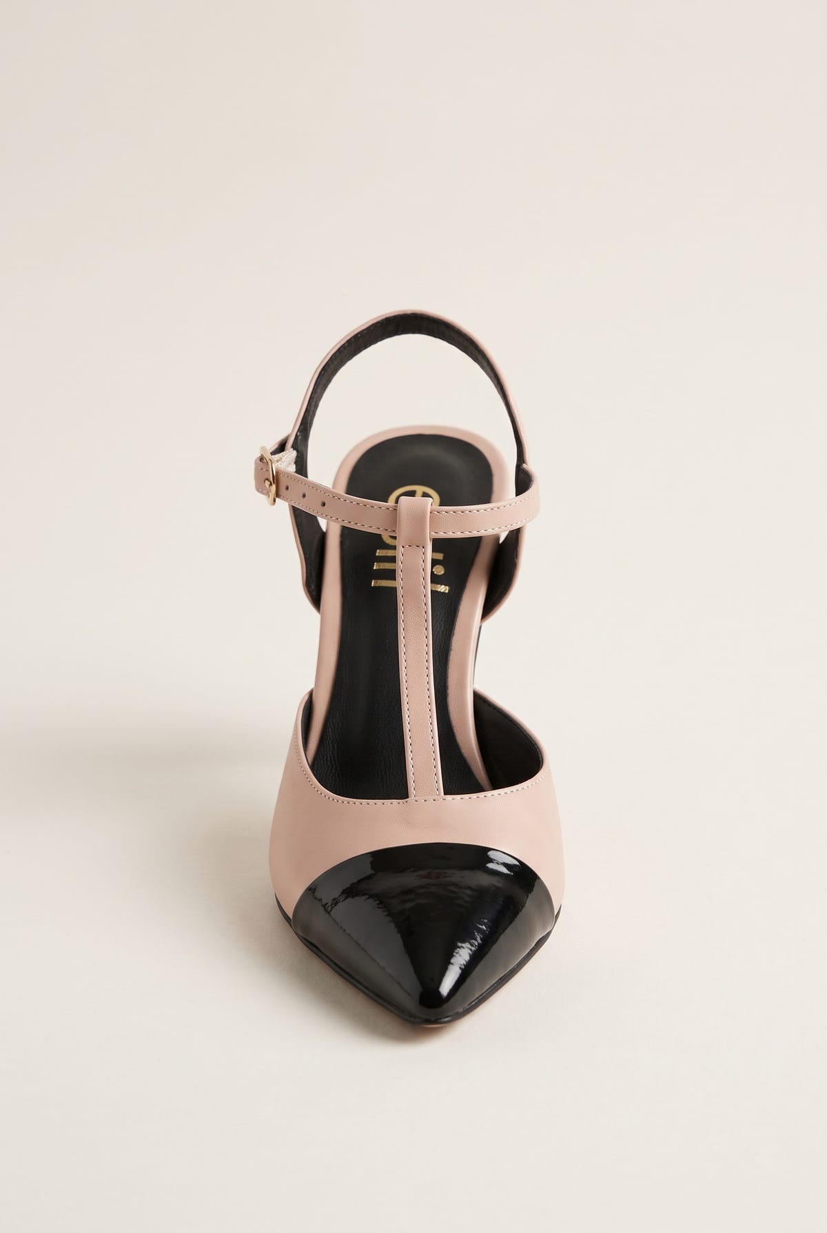 Stiletto Pumps T-Strap Pointed Toe - Nude Black Patent