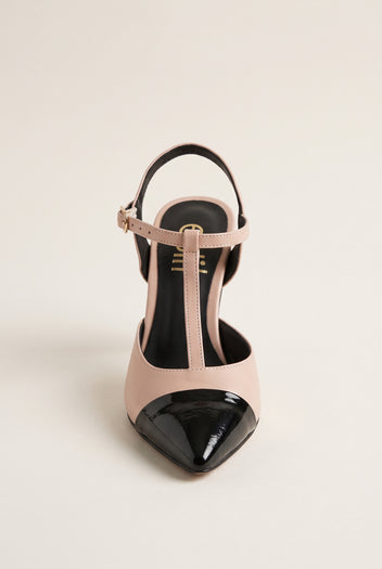 Stiletto Pumps T-Strap Pointed Toe - Nude Black Patent
