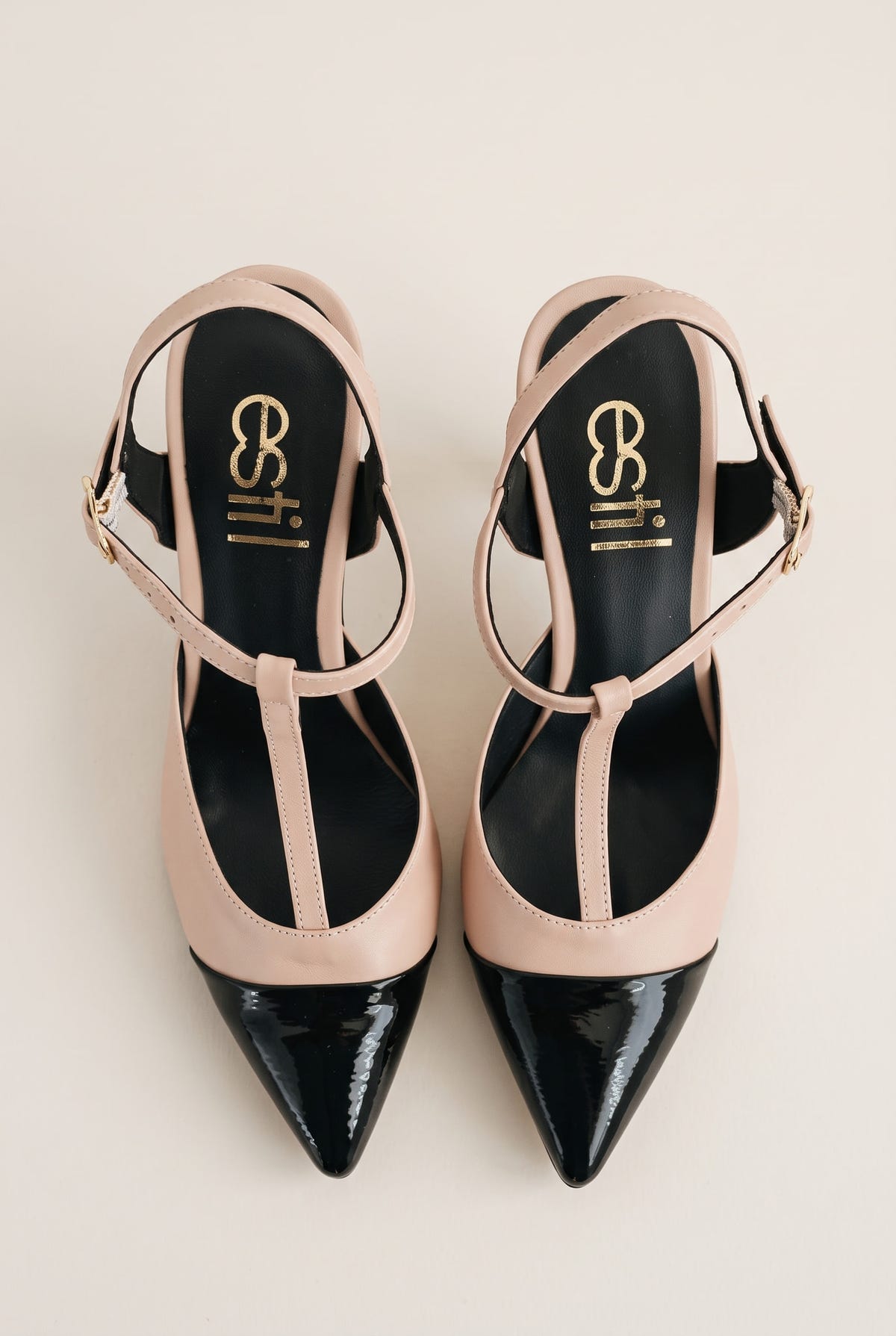 Stiletto Pumps T-Strap Pointed Toe - Nude Black Patent