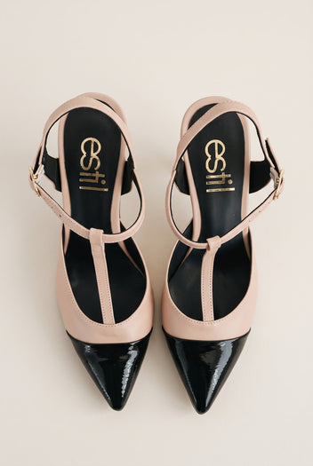 Stiletto Pumps T-Strap Pointed Toe - Nude Black Patent