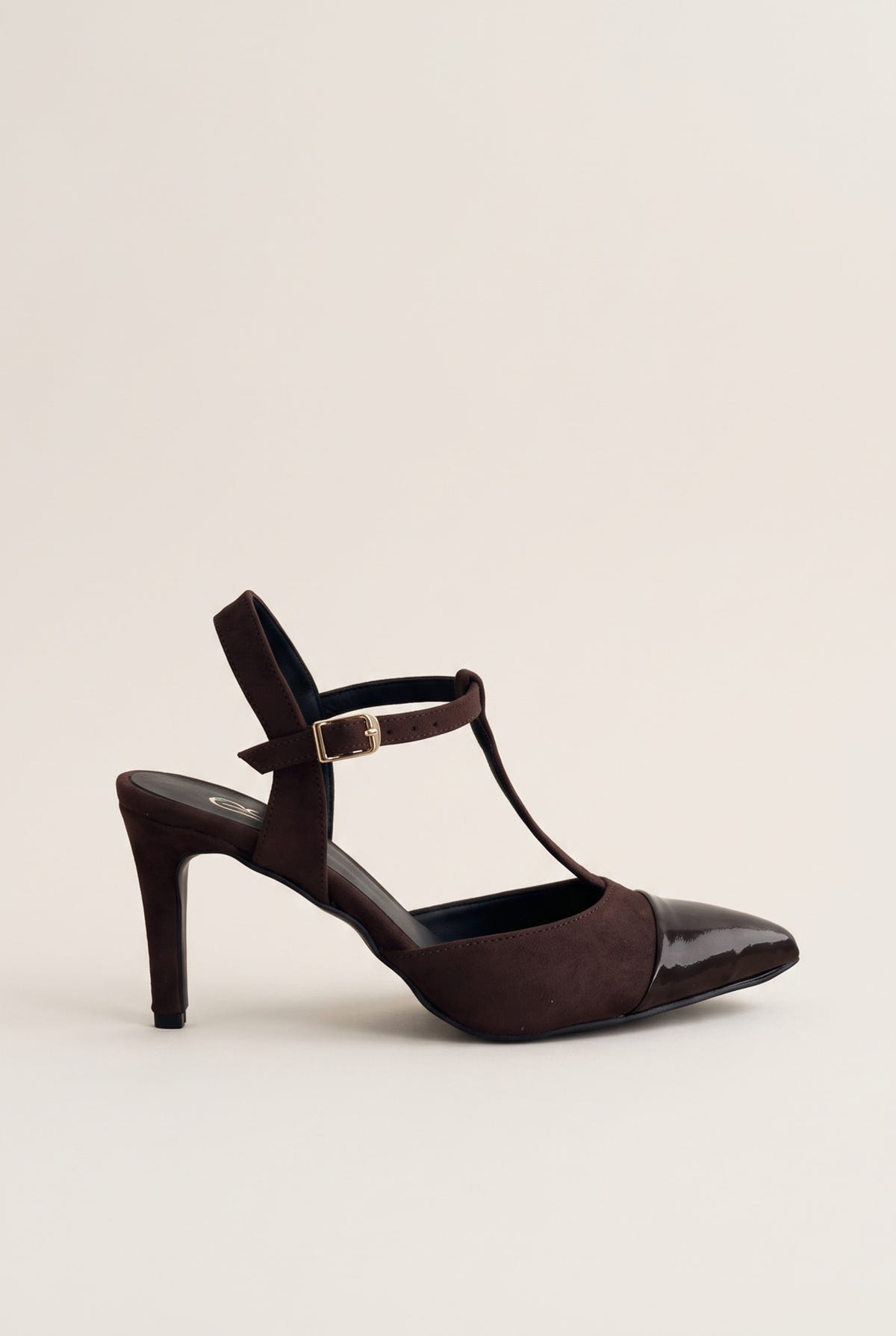 Stiletto Pumps T-Strap Pointed Toe - Chocolate Suede Patent