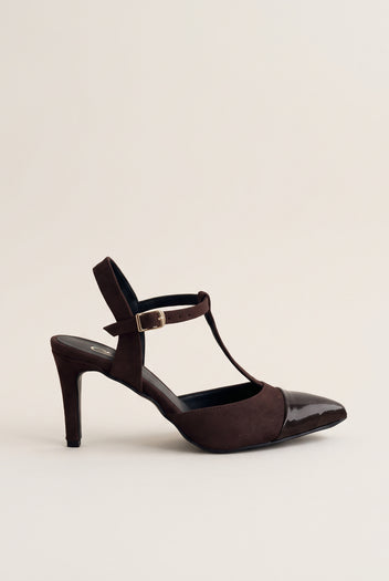 Stiletto Pumps T-Strap Pointed Toe - Chocolate Suede Patent