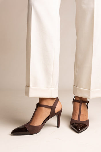 Stiletto Pumps T-Strap Pointed Toe - Chocolate Suede Patent