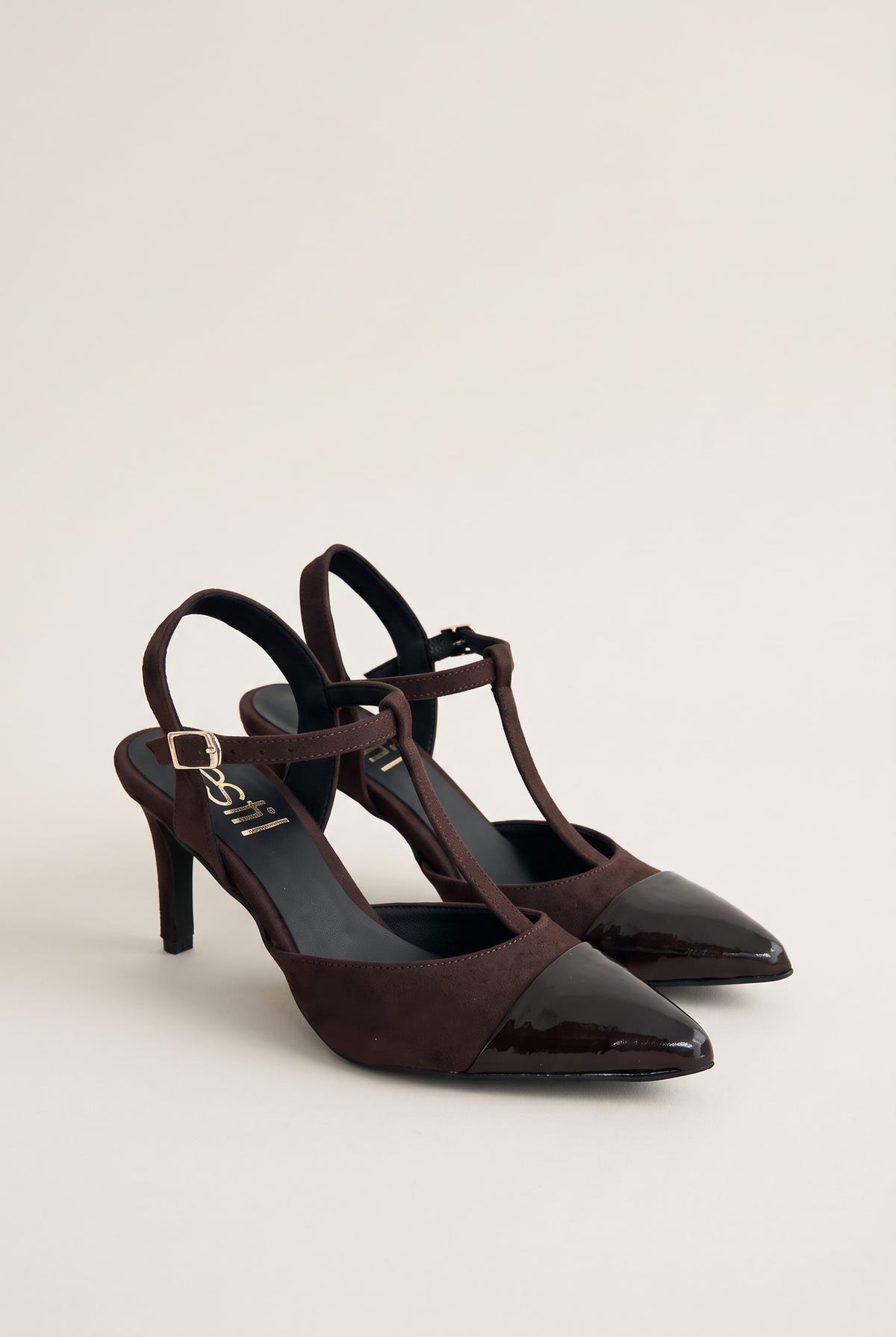 Stiletto Pumps T-Strap Pointed Toe - Chocolate Suede Patent