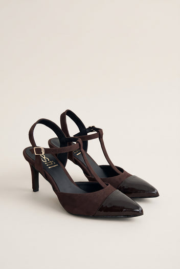 Stiletto Pumps T-Strap Pointed Toe - Chocolate Suede Patent