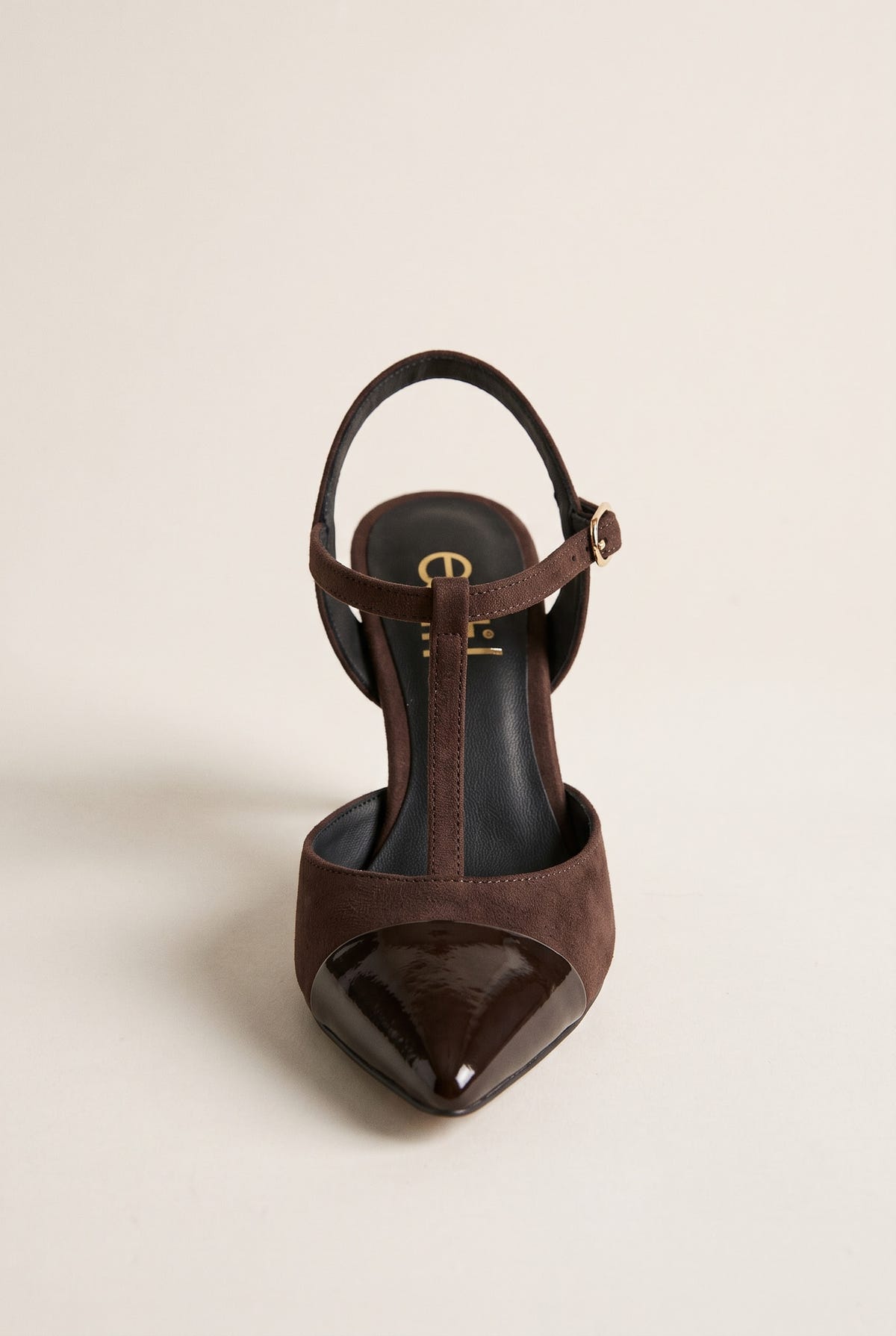 Stiletto Pumps T-Strap Pointed Toe - Chocolate Suede Patent