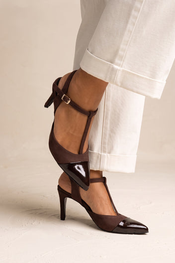 Stiletto Pumps T-Strap Pointed Toe - Chocolate Suede Patent