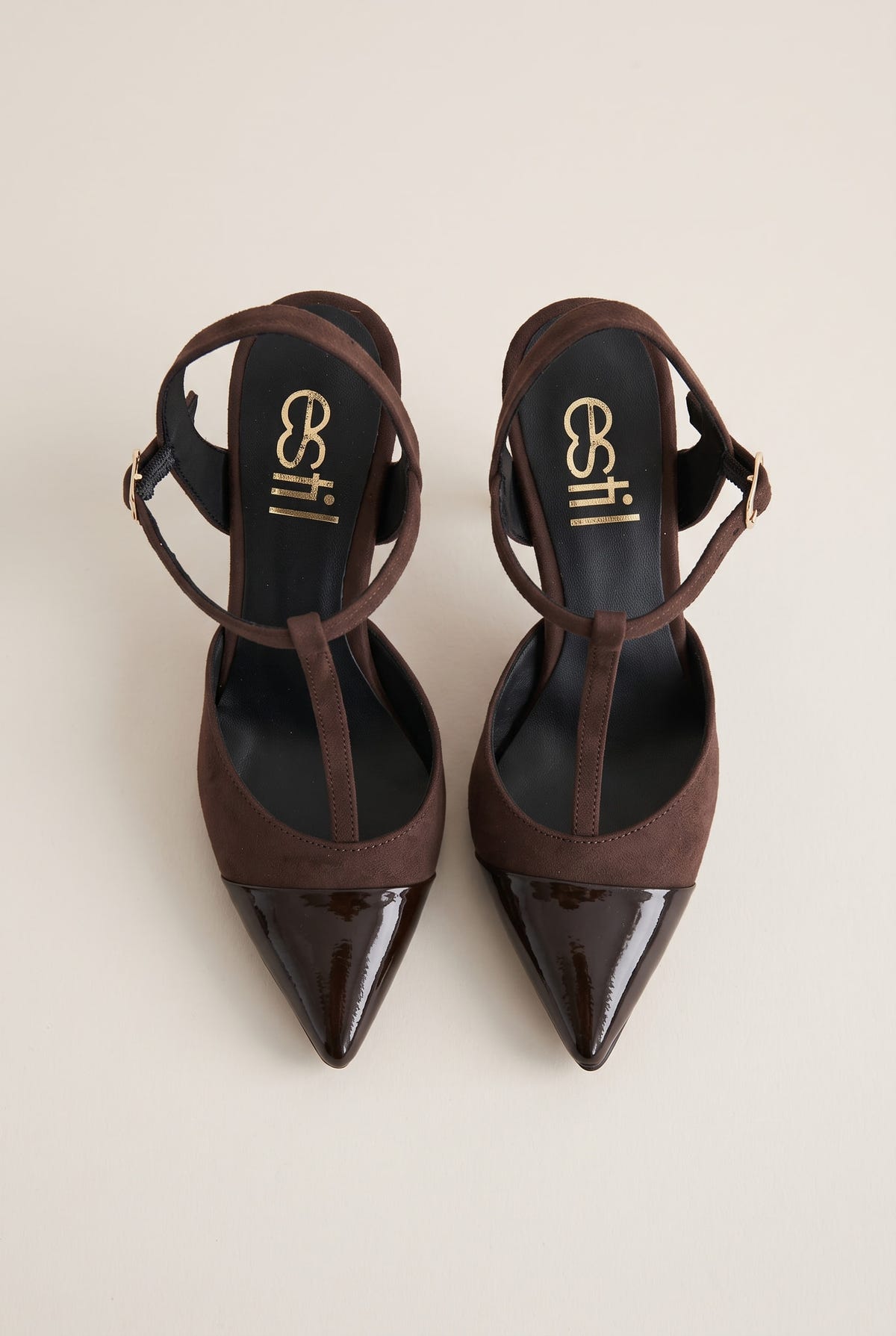 Stiletto Pumps T-Strap Pointed Toe - Chocolate Suede Patent