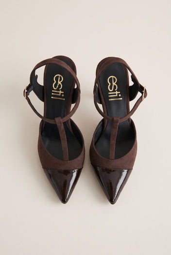 Stiletto Pumps T-Strap Pointed Toe - Chocolate Suede Patent