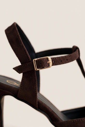 Stiletto Pumps T-Strap Pointed Toe - Chocolate Suede Patent