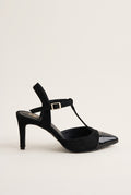 Stiletto Pumps T-Strap Pointed Toe - Black Suede Patent