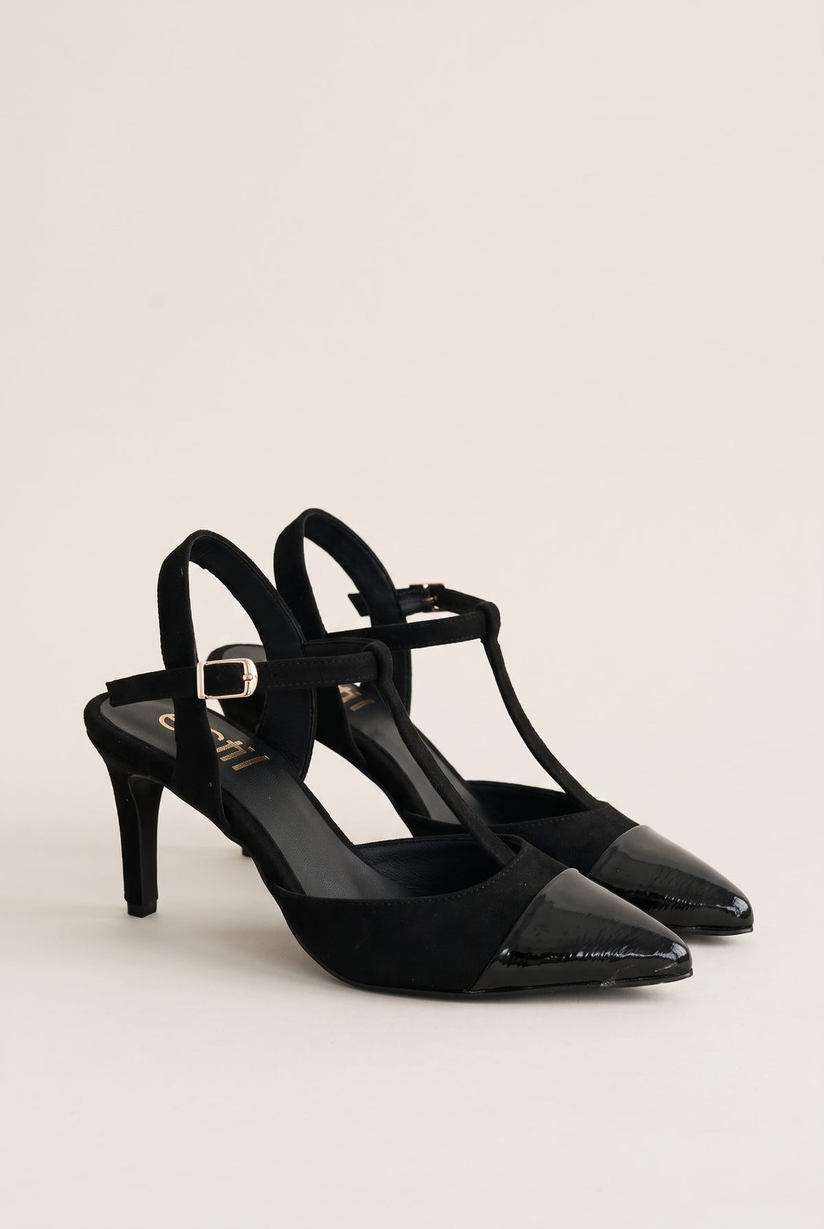 Stiletto Pumps T-Strap Pointed Toe - Black Suede Patent