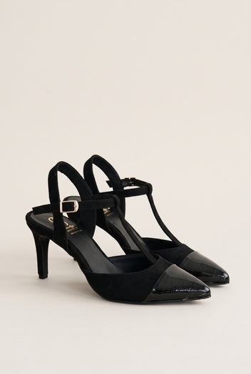 Stiletto Pumps T-Strap Pointed Toe - Black Suede Patent