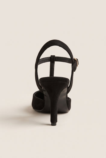 Stiletto Pumps T-Strap Pointed Toe - Black Suede Patent