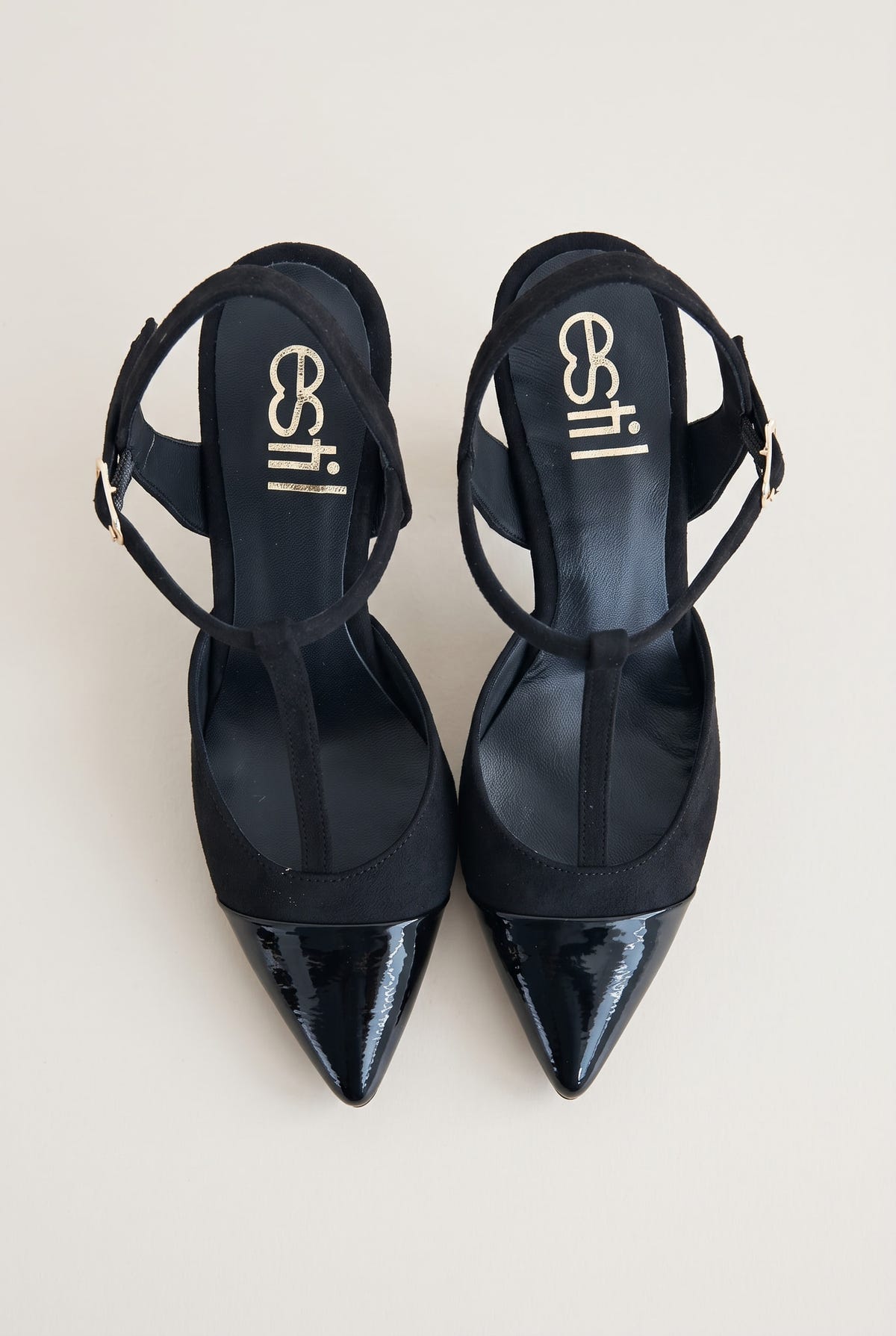 Stiletto Pumps T-Strap Pointed Toe - Black Suede Patent