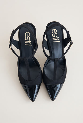 Stiletto Pumps T-Strap Pointed Toe - Black Suede Patent