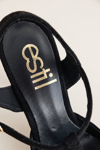 Stiletto Pumps T-Strap Pointed Toe - Black Suede Patent