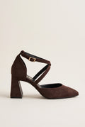 Block Heel Pumps Crossover Strap - Brown Suede
