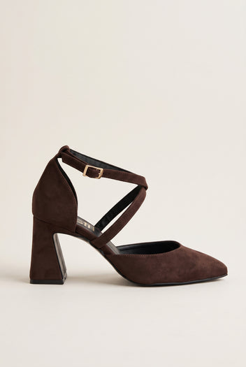Block Heel Pumps Crossover Strap - Brown Suede