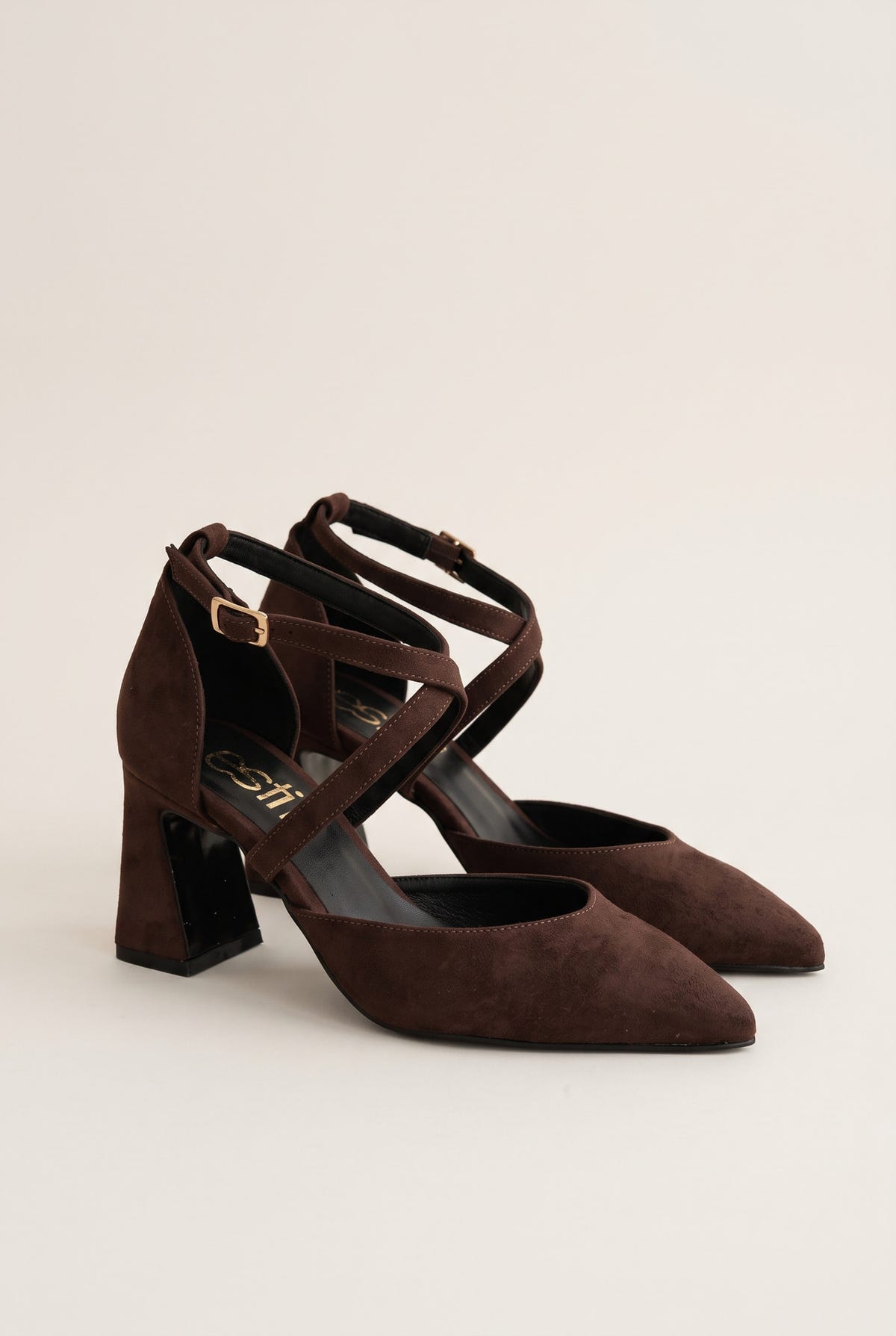 Block Heel Pumps Crossover Strap - Brown Suede