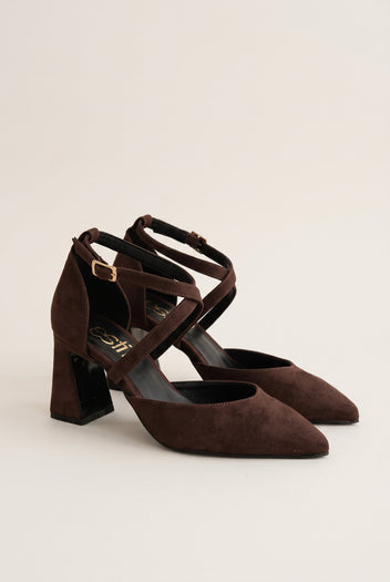 Block Heel Pumps Crossover Strap - Brown Suede