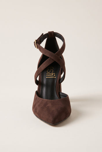 Block Heel Pumps Crossover Strap - Brown Suede