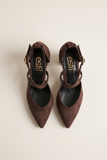 Block Heel Pumps Crossover Strap - Brown Suede