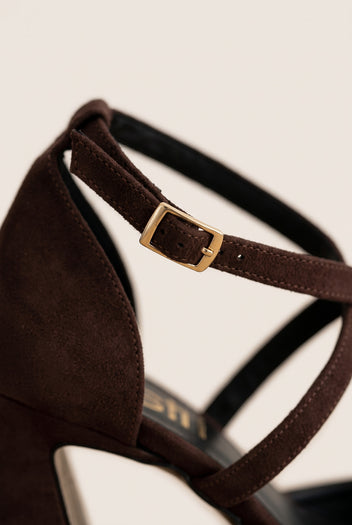 Block Heel Pumps Crossover Strap - Brown Suede