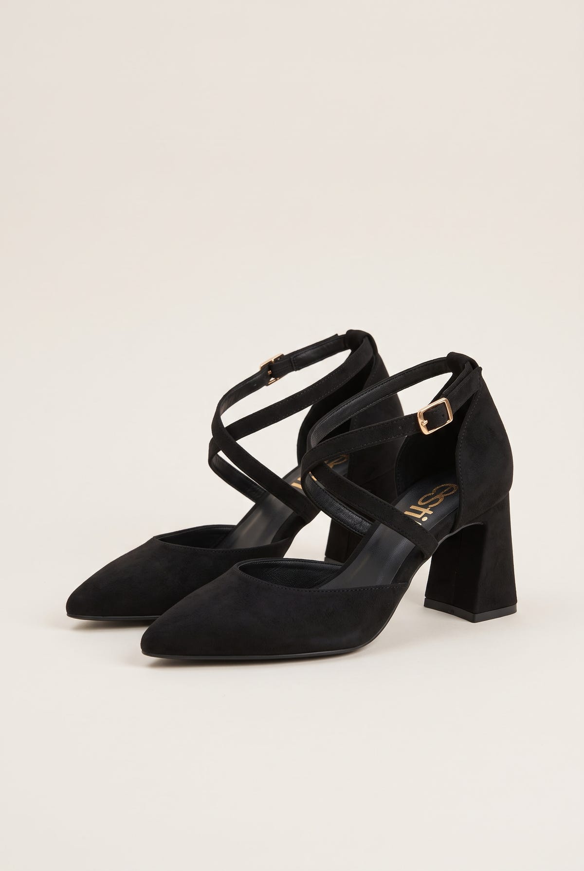 Block Heel Pumps Crossover Strap - Black Suede