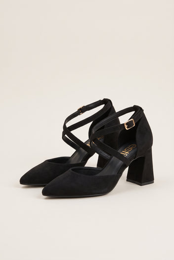 Block Heel Pumps Crossover Strap - Black Suede