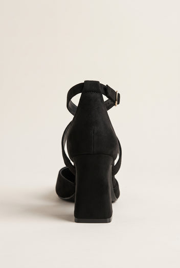 Block Heel Pumps Crossover Strap - Black Suede
