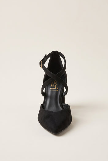 Block Heel Pumps Crossover Strap - Black Suede