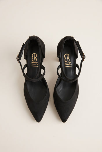 Block Heel Pumps Crossover Strap - Black Suede