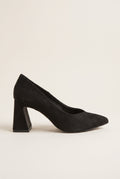 Black suede pointed-toe pump in side profile with low-cut vamp and flared block heel