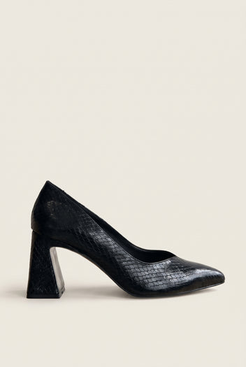 Black snake-embossed pointed-toe pump in side profile with flared block heel and low vamp
