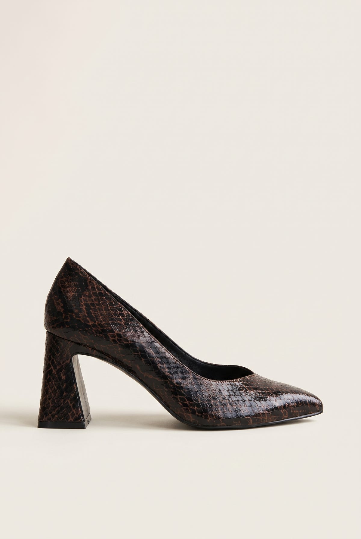 Brown snake-print pointed-toe pump in side profile with flared block heel and low vamp
