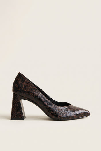 Brown snake-print pointed-toe pump in side profile with flared block heel and low vamp