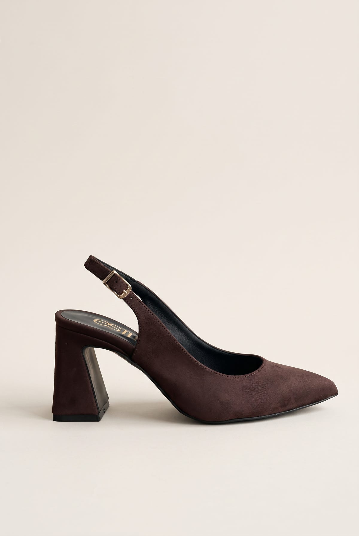 Side view of a brown suede slingback pump with a pointed toe, block heel and gold buckle on the ankle strap