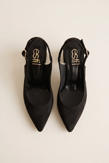 Top view of a pair of black suede slingback pumps showing pointed toes, dark insoles and the sides of the heels