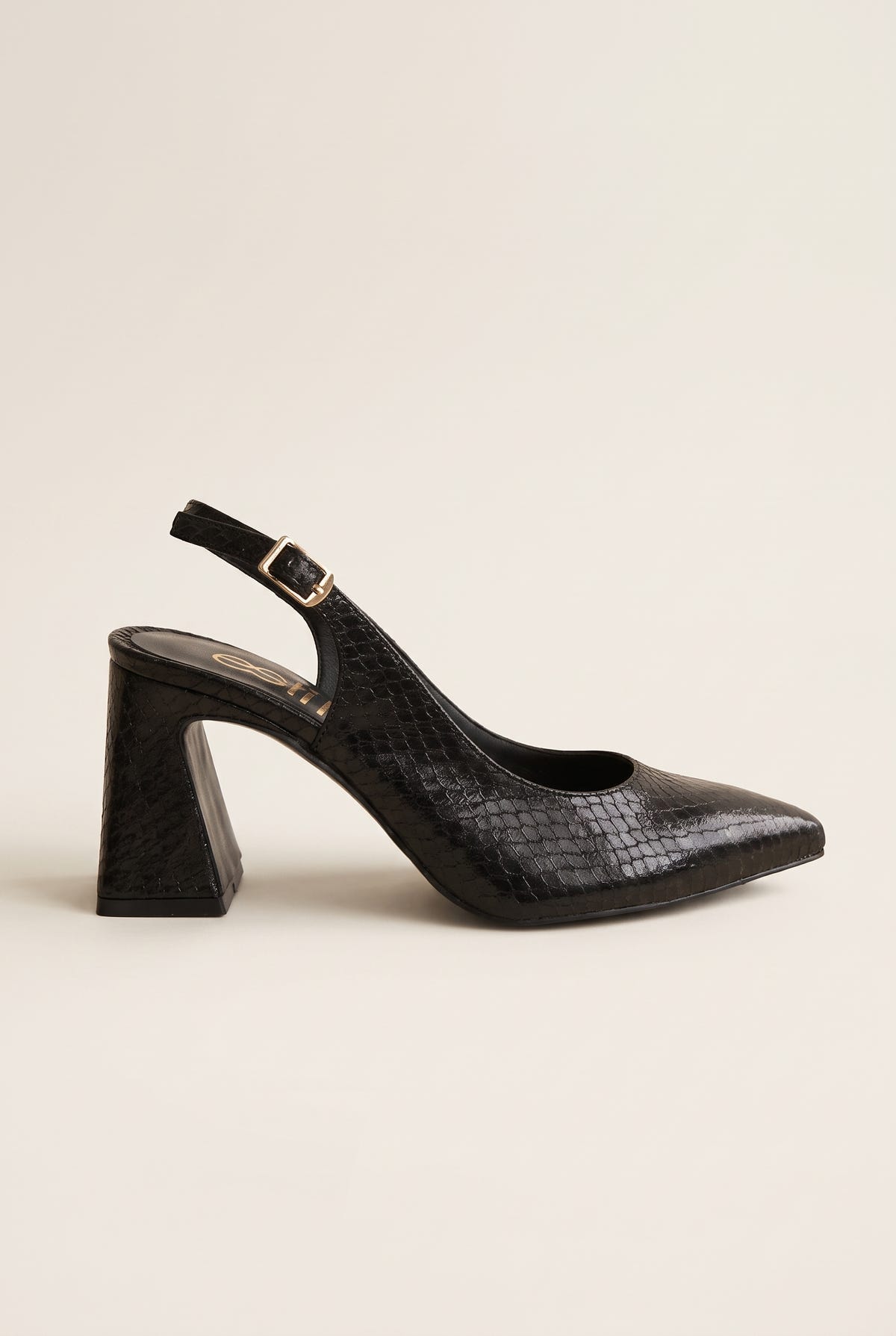 Side view of black snake-effect slingback pump with pointed toe, buckled strap and chunky block heel