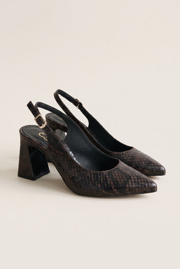 Pair of brown snake-print slingback pumps with pointed toes and block heels, side by side in a tilted view on white