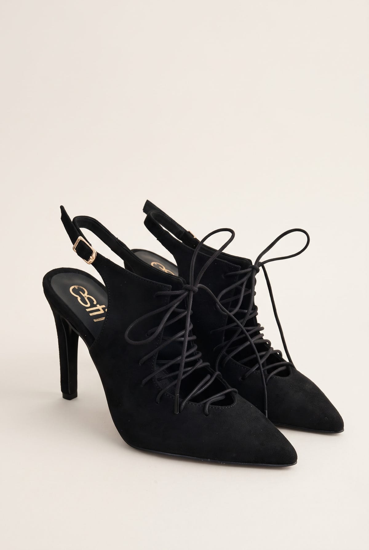 Stiletto Slingback Pumps Lace Up - Black Suede
