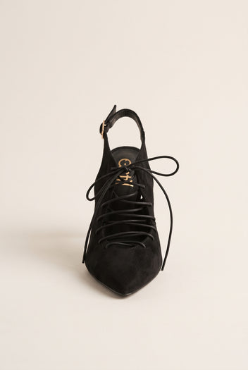 Stiletto Slingback Pumps Lace Up - Black Suede