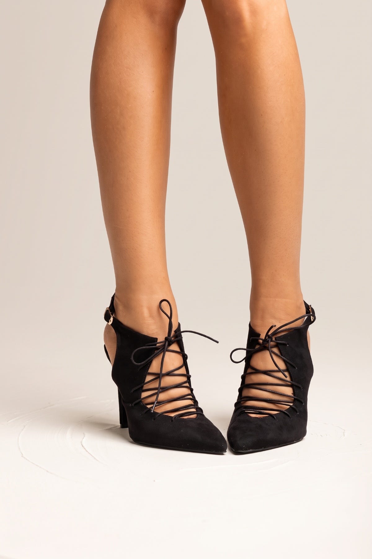 Stiletto Slingback Pumps Lace Up - Black Suede