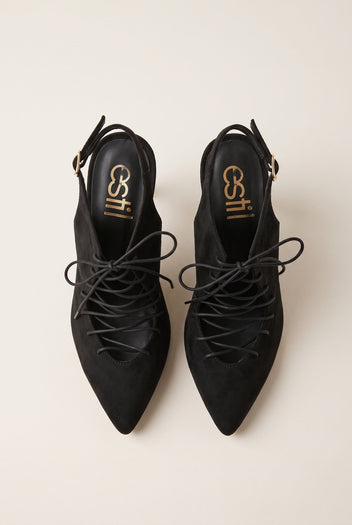 Stiletto Slingback Pumps Lace Up - Black Suede