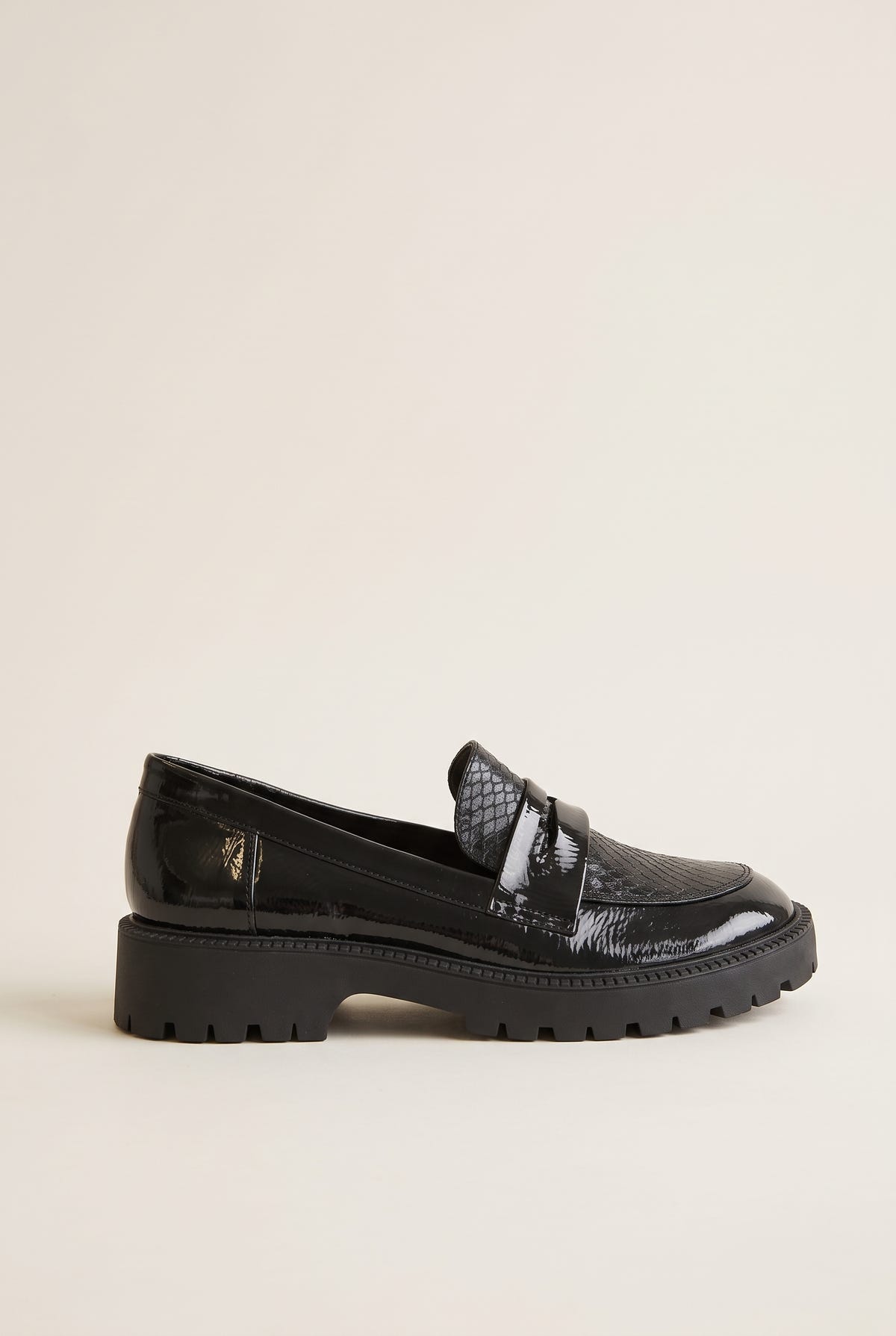 Black patent chunky loafer with snake-embossed penny strap and deep lug sole, side view