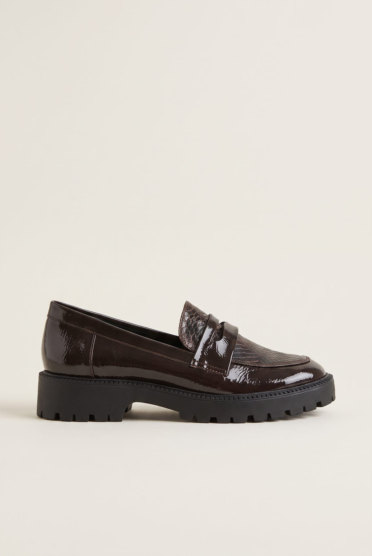 Brown patent chunky loafer with snake-embossed penny strap and dark lug sole, side view