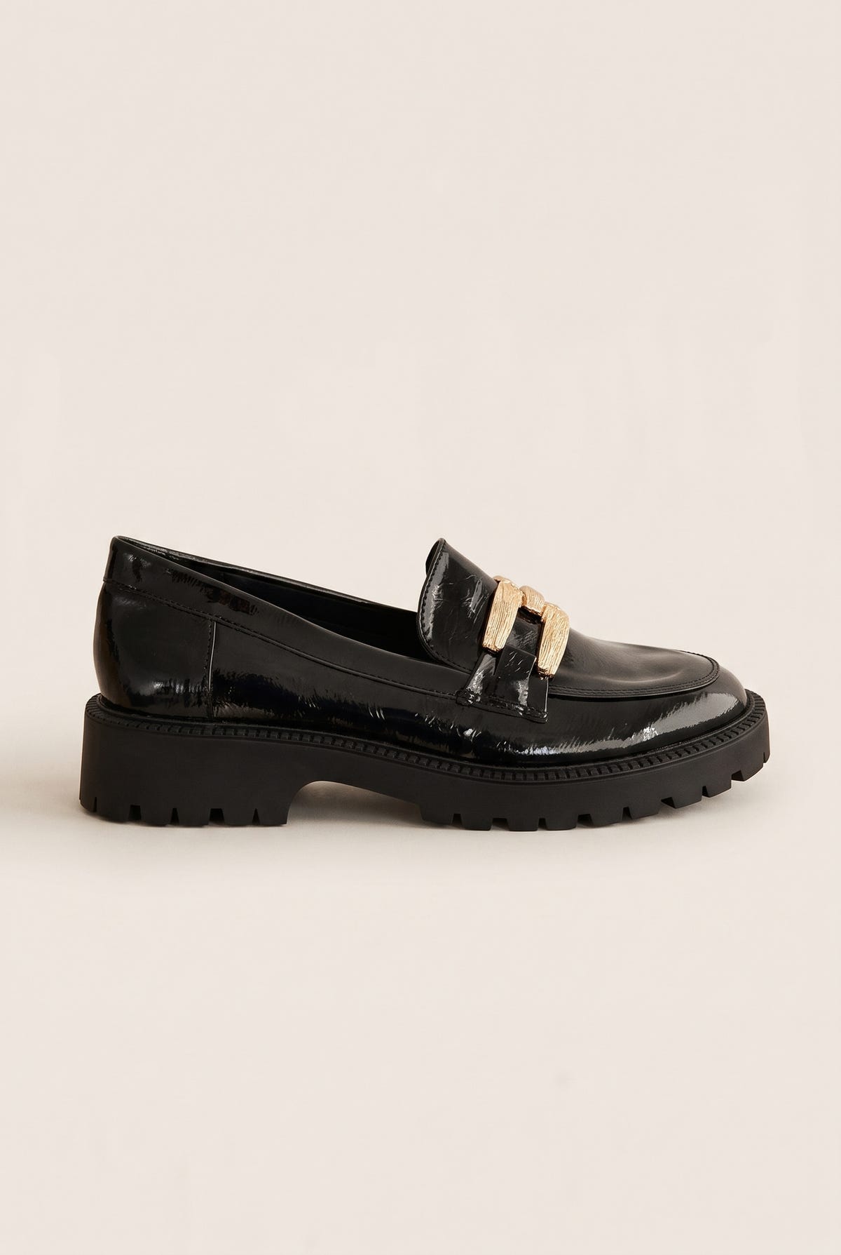 Chunky Sole Loafers Metallic Detail - Black Patent
