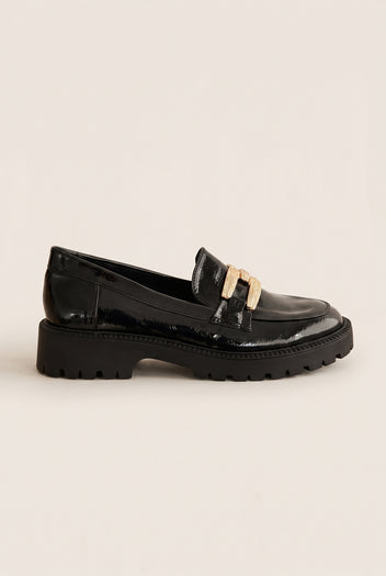 Chunky Sole Loafers Metallic Detail - Black Patent
